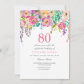Invitation Boho Pastel Fleurs d'aquarelle 80e fête d'annivers (Devant)