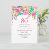 Invitation Boho Pastel Fleurs d'aquarelle 80e fête d'annivers (Debout devant)