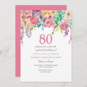 Invitation Boho Pastel Fleurs d'aquarelle 80e fête d'annivers (Devant / Derrière)