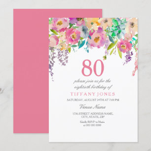 Invitation Boho Pastel Fleurs d'aquarelle 80e fête d'annivers