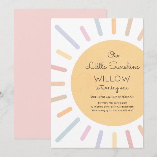 Invitation Boho Pastel Our Little Sunshine Birthday Party (Devant / Derrière)