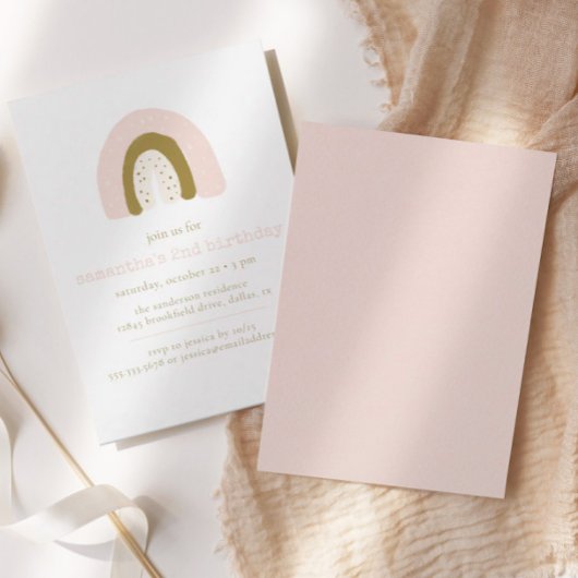 Invitation Boho Pastel Pink Gold Rainbow fête d'anniversaire