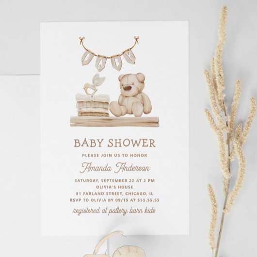 Invitation Boho Pastel Teddy Bear | Baby shower neutre souple