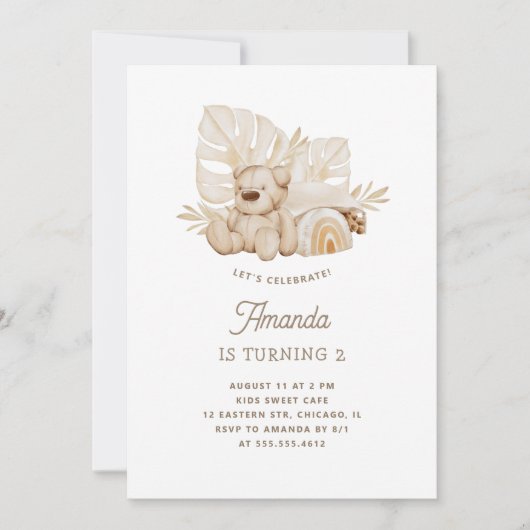 Invitation Boho pastel Teddy ours jouet. Anniversaire de enfa (Devant)