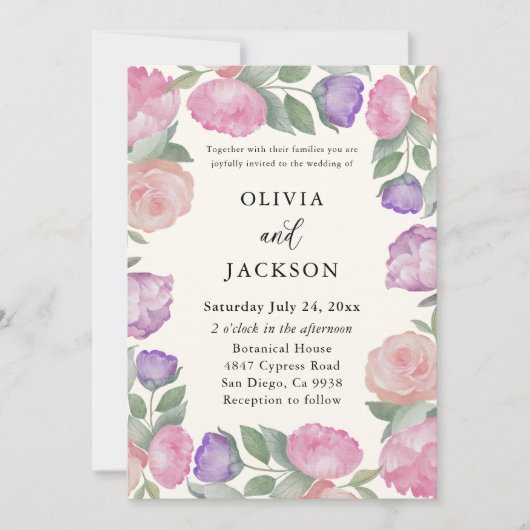 Invitation Boho Pastel Watercolor Florals Wedding (Devant)