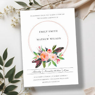 INVITATION BOHO PAYS FEATHER BLUSH FLORAL WREATH MARIAGE