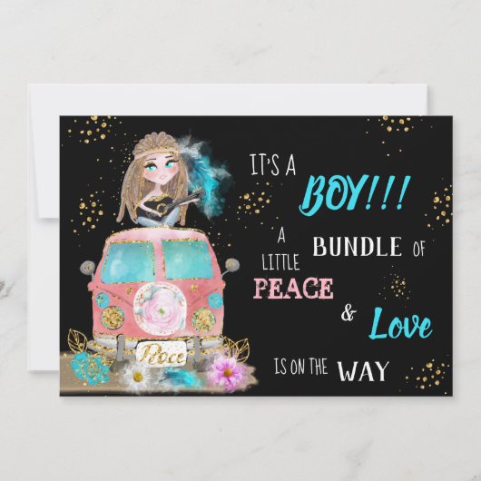 Invitation * Boho Peace & Love Hippie Car Bus Baby Boy  (Devant)