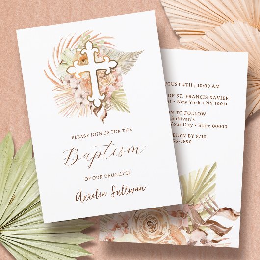 Invitation Boho Peach Bouquet Baptême