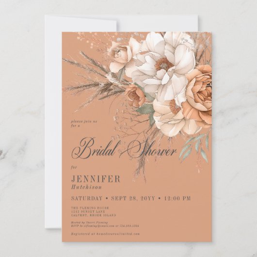 Invitation Boho Peach & Cream Floral Rust Fête des mariées (Devant)