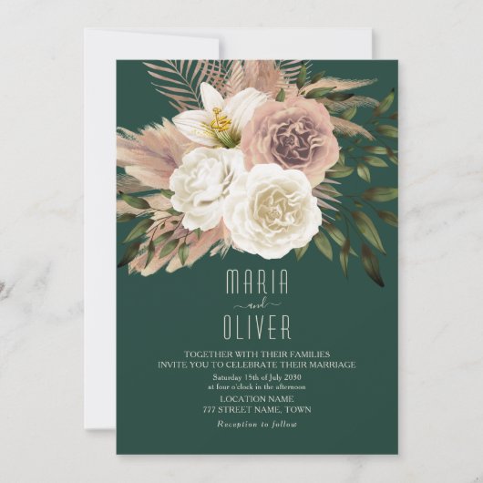 Invitation Boho Peach et Emerald Green Mariage (Devant)