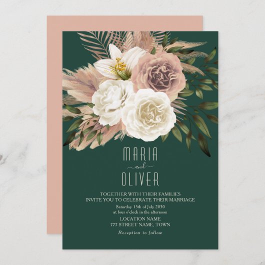Invitation Boho Peach et Emerald Green Mariage (Devant / Derrière)