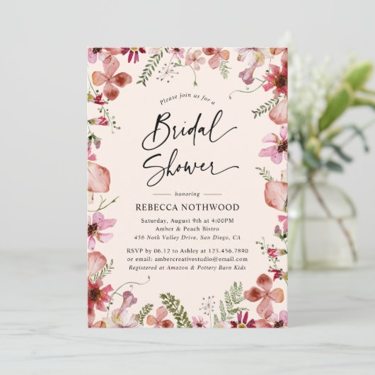 Invitation Boho Peach Florals Fête des mariées botanique (Debout devant)