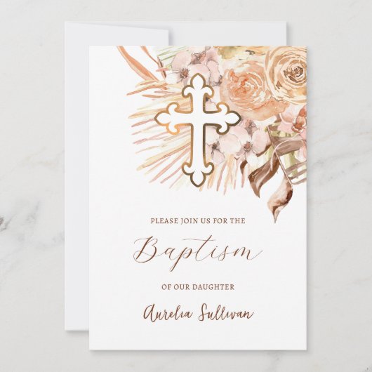 Invitation Boho Peach Flowers Baptême (Devant)