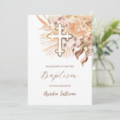 Invitation Boho Peach Flowers Baptême (Debout devant)