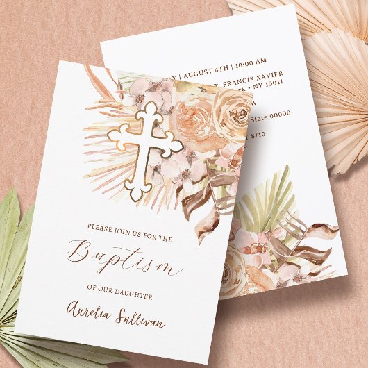 Invitation Boho Peach Flowers Baptême