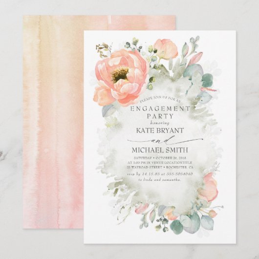 Invitation Boho Peach Flowers Elégant Garden Engagement Party (Devant / Derrière)