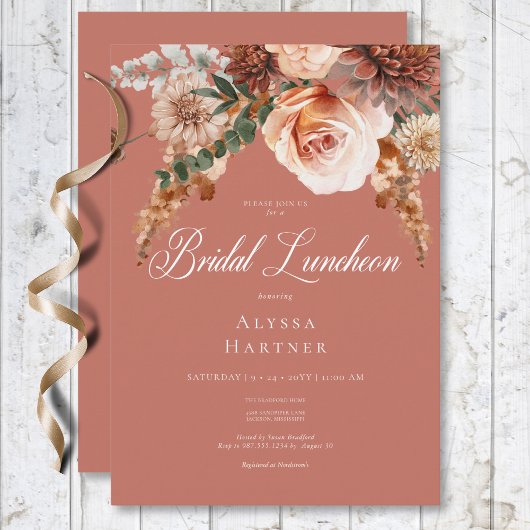 Invitation Boho Peach & Rust Floral Rust Bridal Luncheon