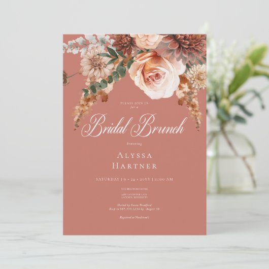 Invitation Boho Peach & Rust Floral Rust Petit-déjeuner de ma (Debout devant)
