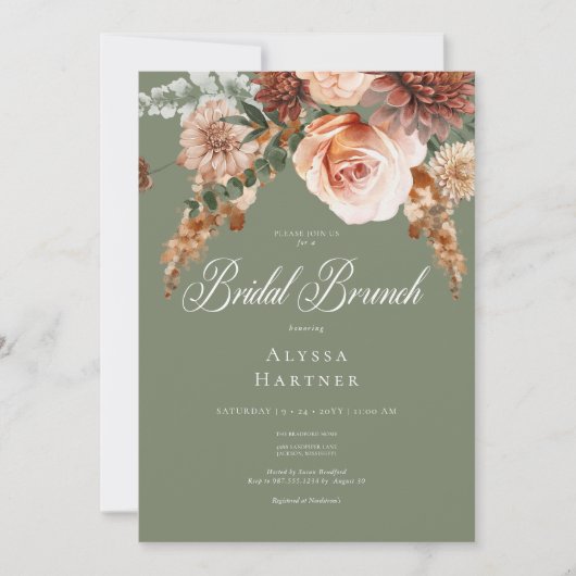 Invitation Boho Peach & Rust Floral Sage Green Bridal Brunch (Devant)