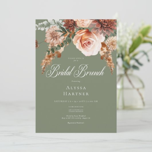 Invitation Boho Peach & Rust Floral Sage Green Bridal Brunch (Debout devant)