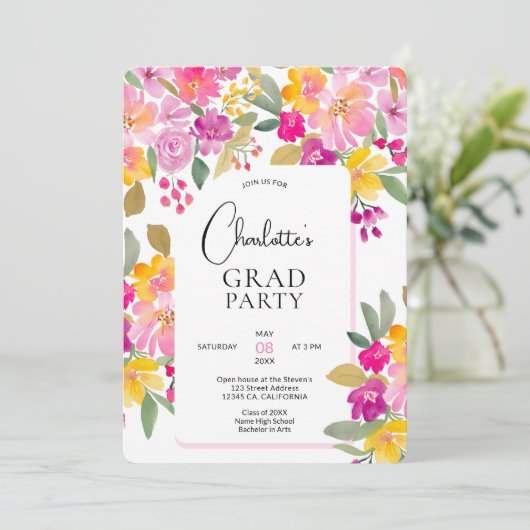 Invitation Boho Peint à la main Boho Floral 3-Photo Graduatio (Debout devant)