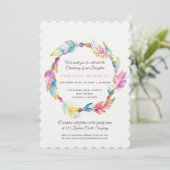 Invitation Boho perles de plume aquarelle rose christening (Debout devant)