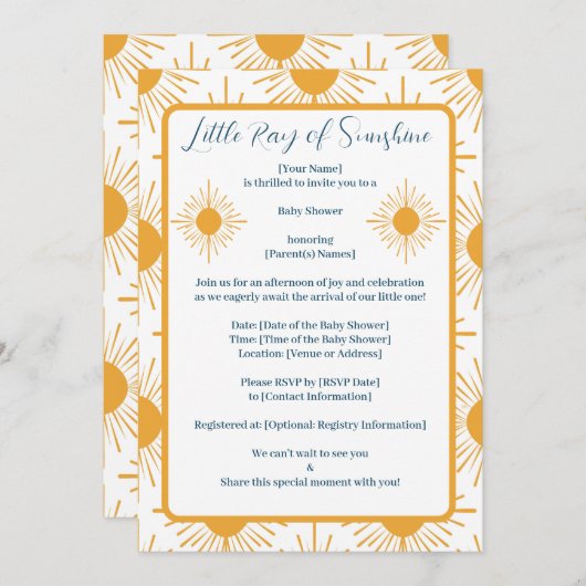 Invitation Boho Petit Rayon de Soleil Baby Shower Neutre (Devant / Derrière)