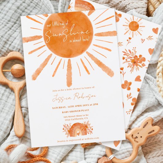 Invitation Boho petit soleil arc-en-ciel baby shower orange