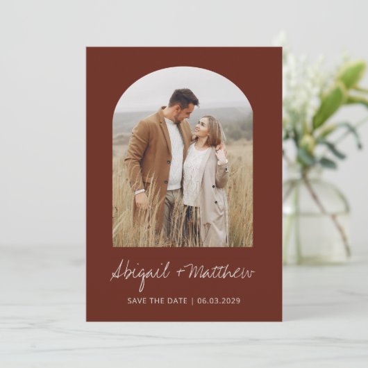 Invitation Boho Photo Arche Save The Date Terracotta (Debout devant)