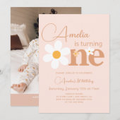 Invitation Boho Photo Daisy 1er Anniversaire (Devant / Derrière)