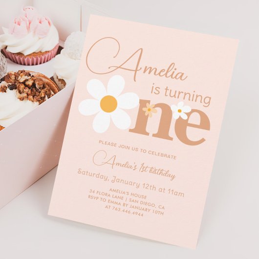 Invitation Boho Photo Daisy 1er Brithday