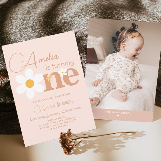 Invitation Boho Photo Daisy 1er Brithday