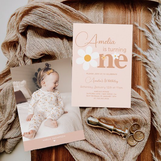 Invitation Boho Photo Daisy 1er Brithday