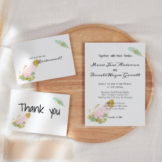 Invitation Boho Pink and Gold Feathers