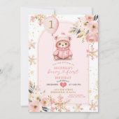 Invitation Boho Pink Beary Premier hiver Anniversaire Floral (Devant)