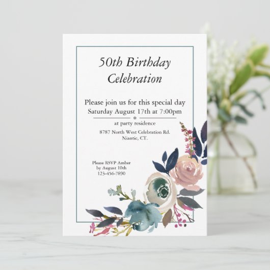 Invitation Boho Pink Blue Floral personnalisable 50e annivers (Debout devant)