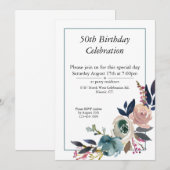 Invitation Boho Pink Blue Floral personnalisable 50e annivers (Devant / Derrière)