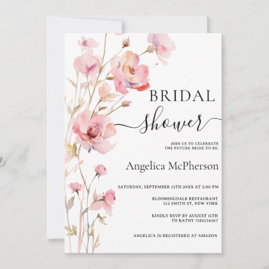 INVITATION BOHO PINK BLUSH FLEURS A L'AQUARELLE ENTERREMENT D (Devant)