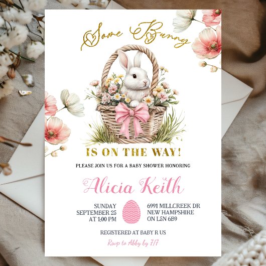 Invitation Boho Pink Bow Floral Easter Bunny Baby Shower