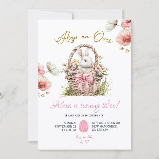 Invitation Boho Pink Bow Floral Easter Bunny Birthday (Devant)