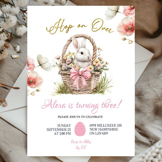 Invitation Boho Pink Bow Floral Easter Bunny Birthday