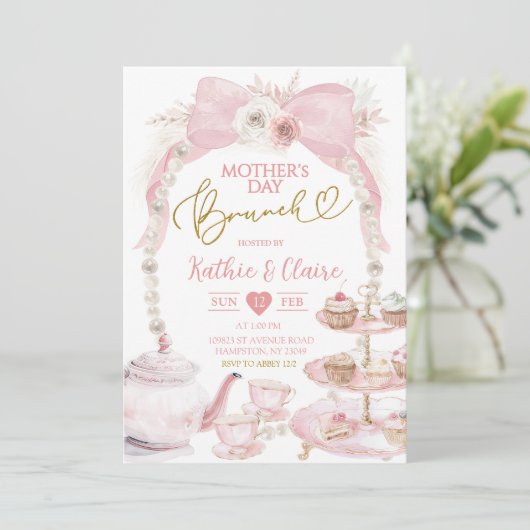 Invitation Boho Pink Bow Mère's Day Cupcake Brunch (Debout devant)