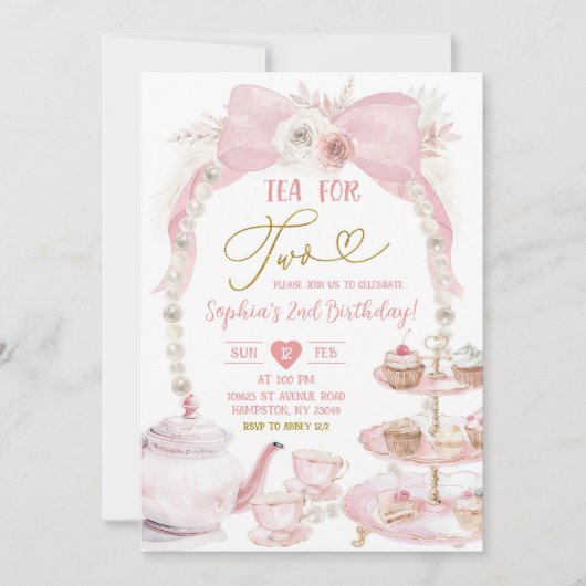 Invitation Boho Pink Bow Pearl Thé pour deux Anniversaire (Devant)