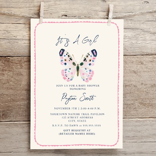 Invitation Boho Pink Butterfly Doodle Bordure Baby shower fil