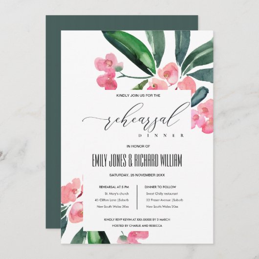 INVITATION BOHO PINK CHRIST THORE BLOOM RÉPÉTITION DÎNER (Devant / Derrière)