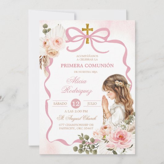 Invitation Boho Pink Coquette Pampass Grass First Holy Commun (Devant)