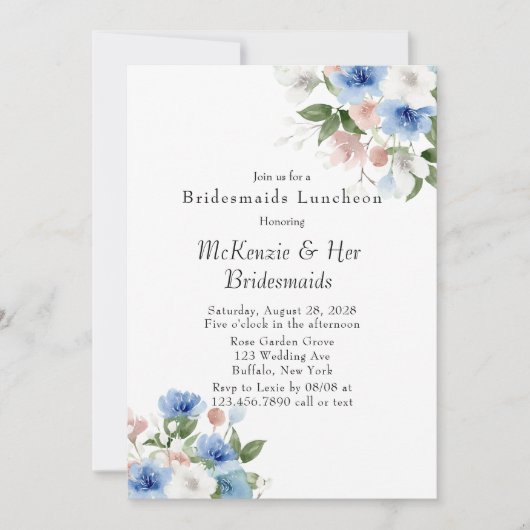 Invitation Boho Pink et Blue Peony Bridesservantes Déjeuner (Devant)