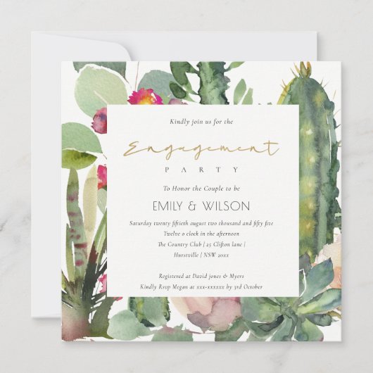 INVITATION BOHO PINK FIANÇAILLES FLORAL CACTI FOLIAGE (Devant)
