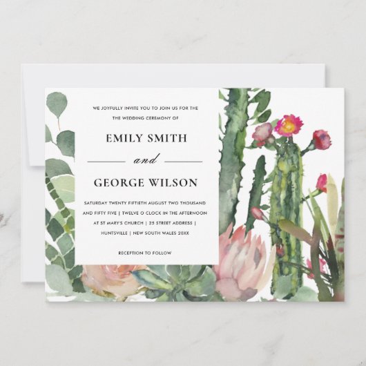 INVITATION BOHO PINK FLORAL CACTI FAUNA MARIAGE DE COULEUR D' (Devant)
