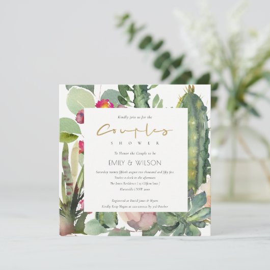 INVITATION BOHO PINK FLORAL CACTI FOLIAGE COUPLES DOUCHE (Debout devant)